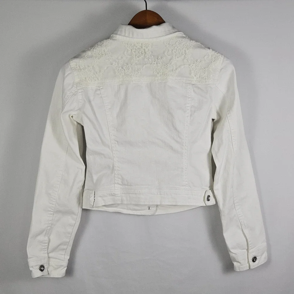 Daytrip White Denim Jacket M Rhinestone Lace Back‎ Trucker Western Glam Coquette